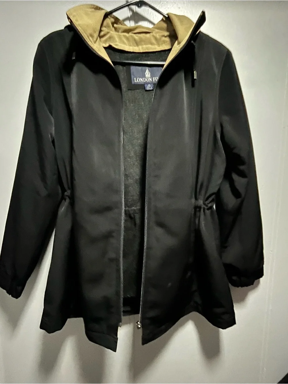 London Fog Black Trench Coat with Tan Hood Lining
